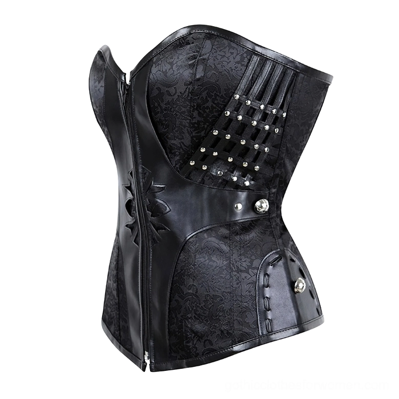 Black gothic corset bustier side front view displaying lattice studded decoration and metal button details