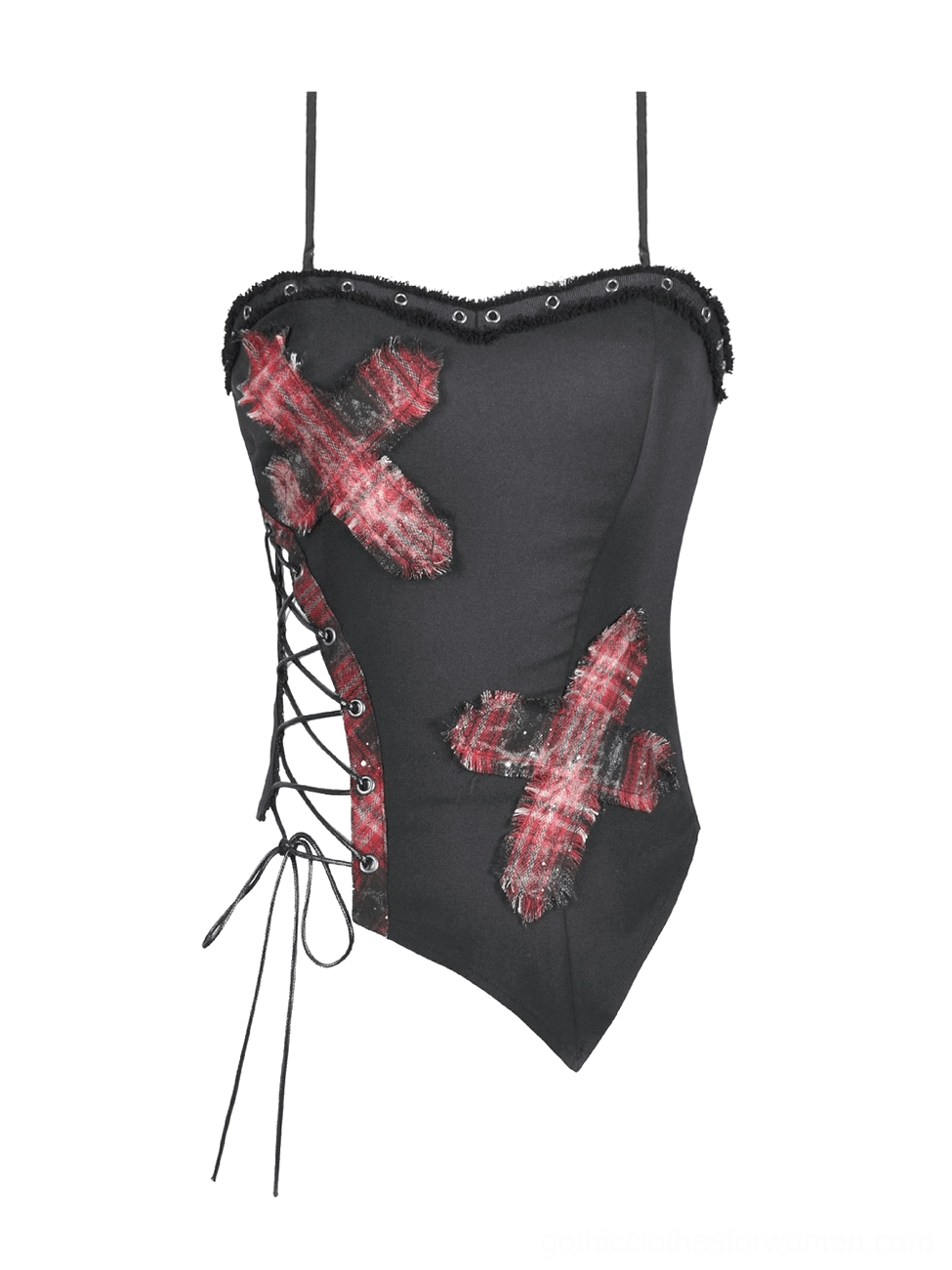Black gothic corset cami top flat lay side view showing side lace-up construction with metal eyelets and red tartan trim details