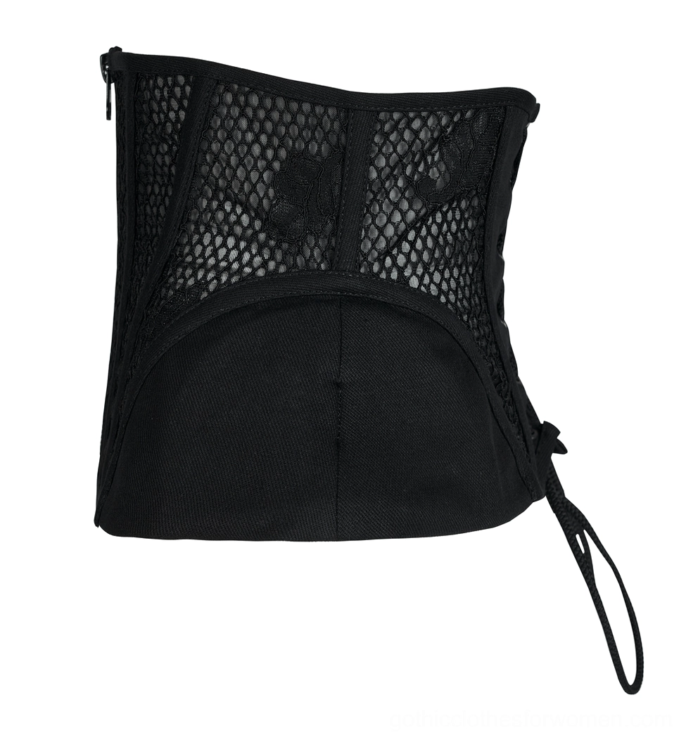 Side flat lay of black gothic corset cincher showing mesh upper construction, solid lower panel, and adjustable side drawstring loop for customized fit