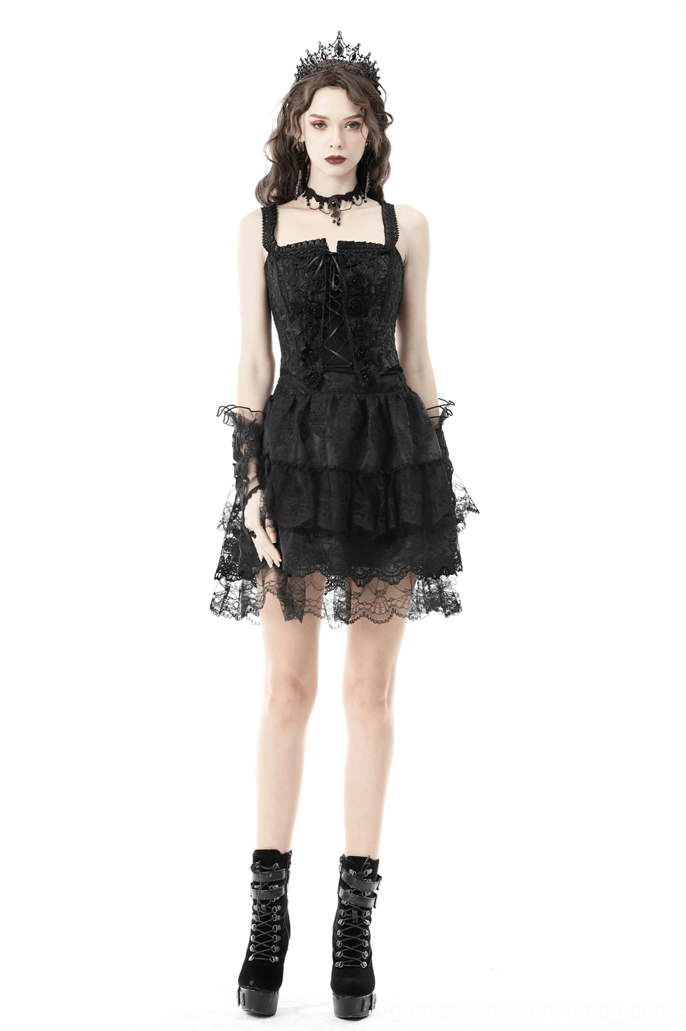 Black gothic lace-up corset product shot displaying complete design with beaded roses and structured silhouette