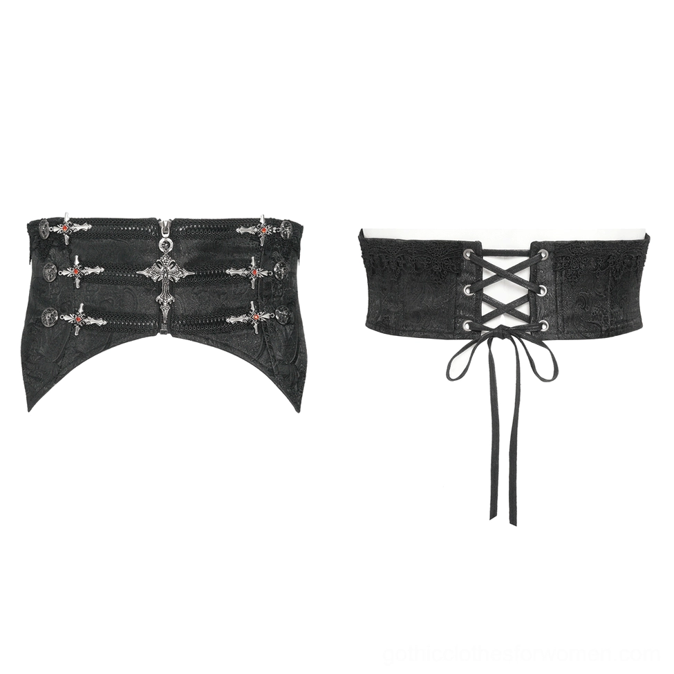 Black gothic cross corset belt flat lay front view showcasing silver cross ornaments and pointed scalloped hem design