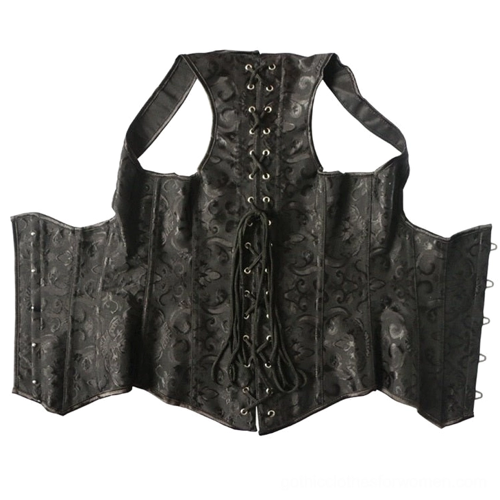 Black gothic open cup corset detailed back view, emphasizing lace-up construction and waist cincher design elements