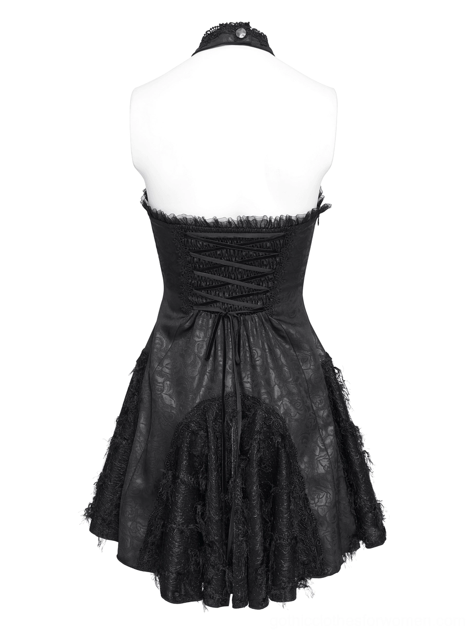 Black gothic corset dress back full view showing lace-up closure and ruffled lace hem on mannequin
