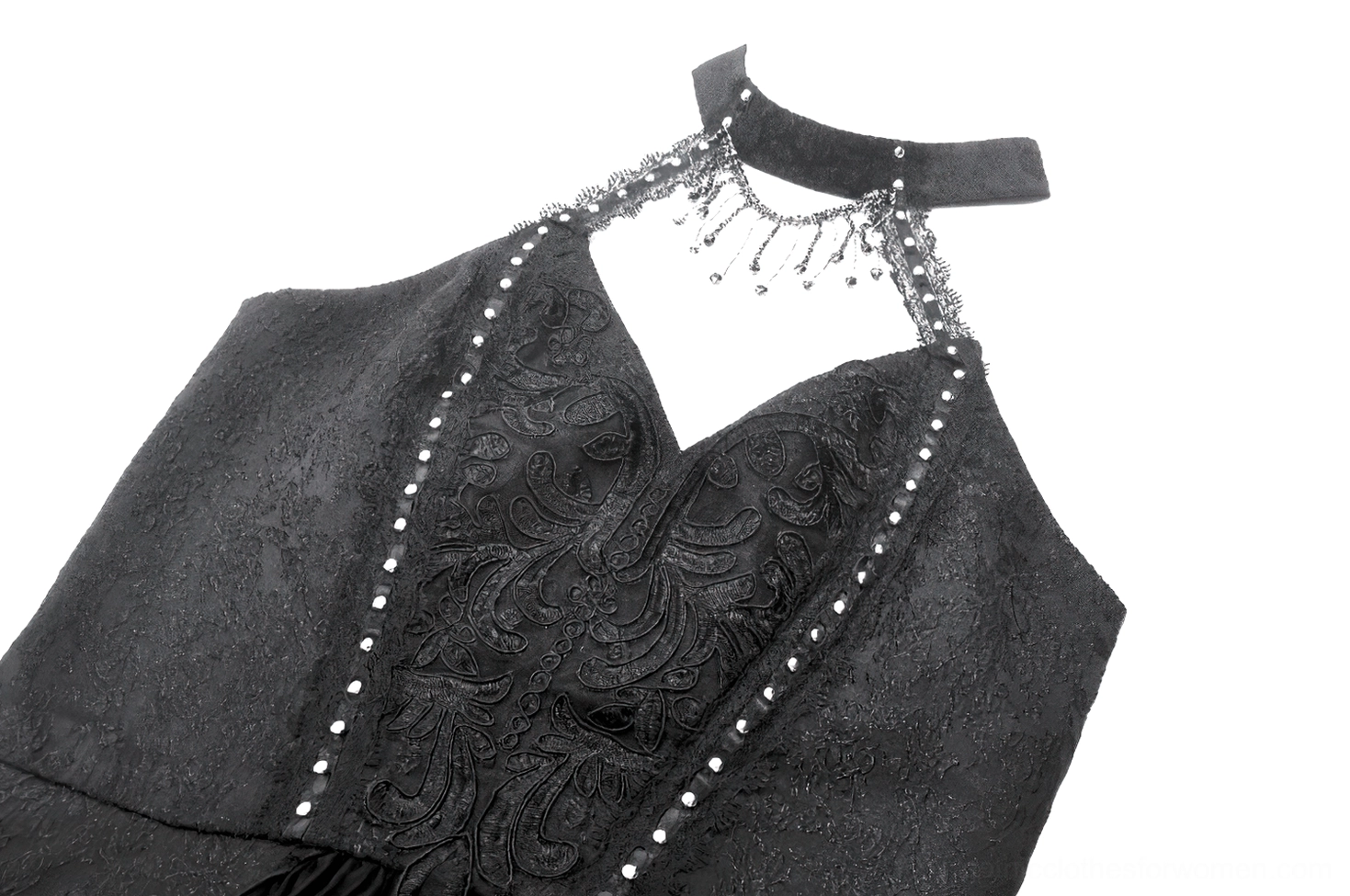Close-up of beaded choker neckline on black gothic halter corset dress with embroidered lace bust