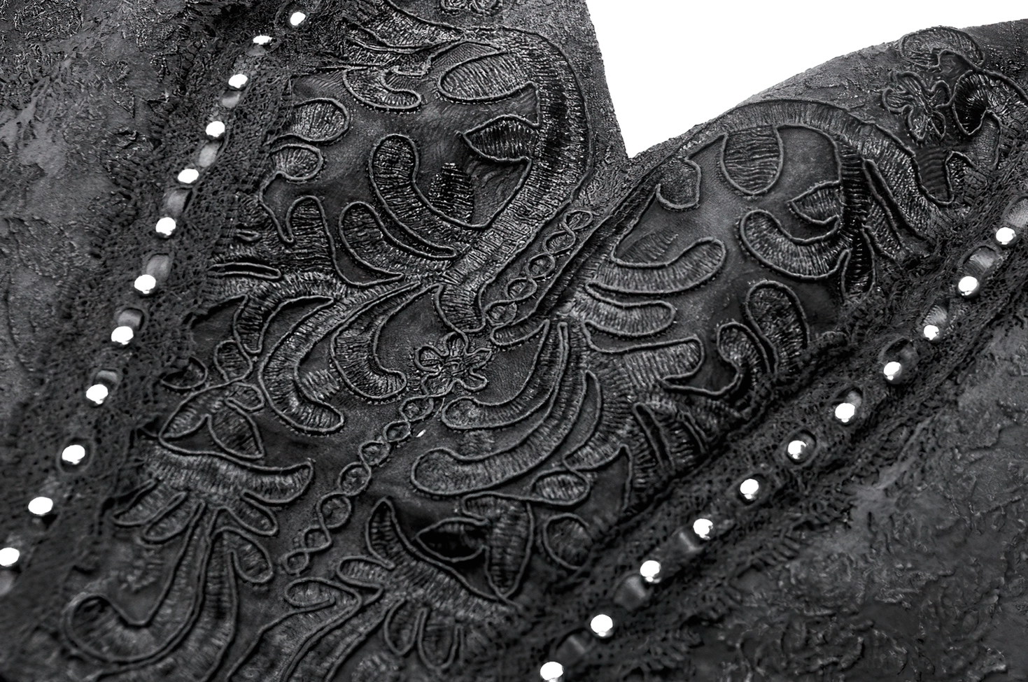 Black gothic corset dress embroidered lace bust detail with floral pattern and rhinestone edge trim