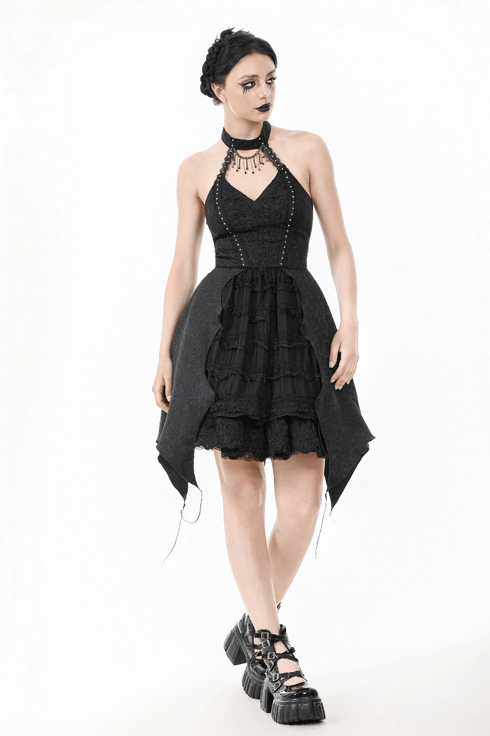 Black gothic corset dress fabric texture detail showing polyester rayon blend quality and sheen