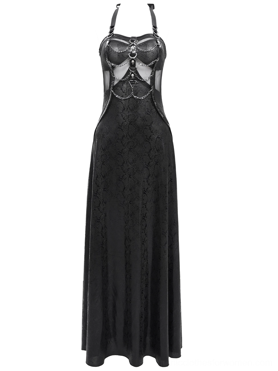 Front flat lay of black gothic corset maxi dress with structured bodice and sheer mesh panels