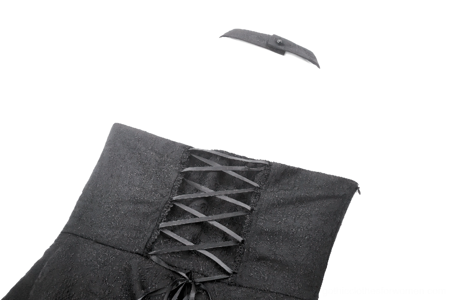 Close-up of waist and detachable halter strap on black gothic corset dress with lace-up back