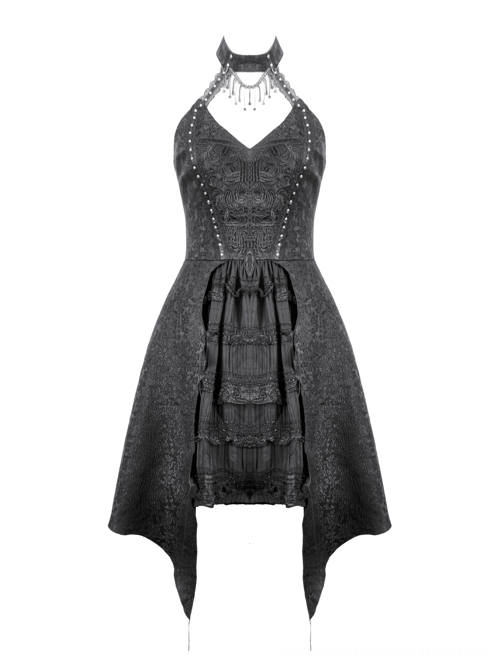 Black gothic corset dress with ruffled layered skirt and halter neck design, front flat lay detail