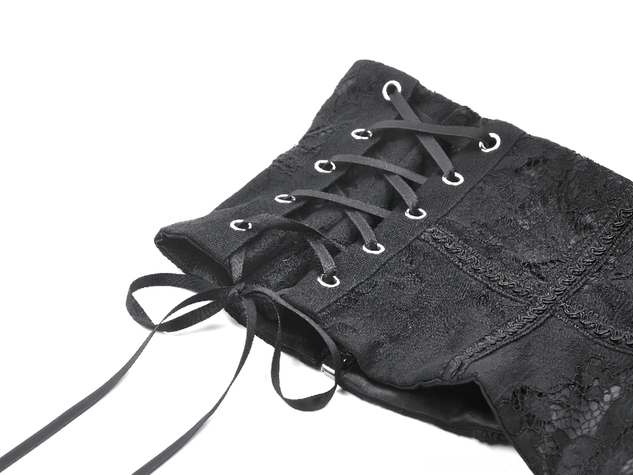 Black gothic waist corset product photography showing embellished eyelets and ribbon laces