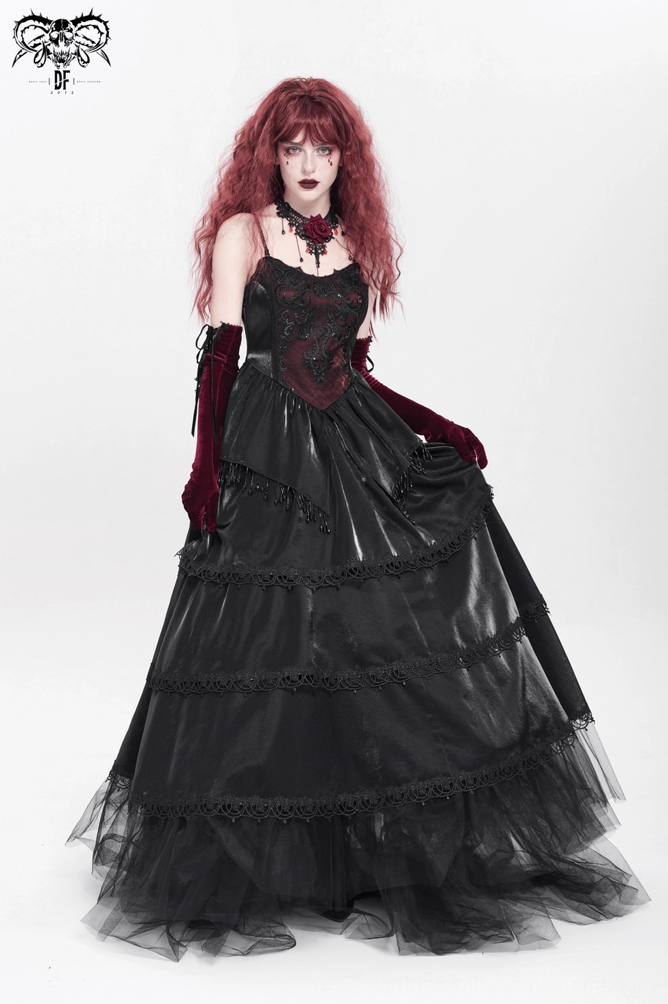 Black gothic corset evening dress beaded lace details refined elegance formal gown