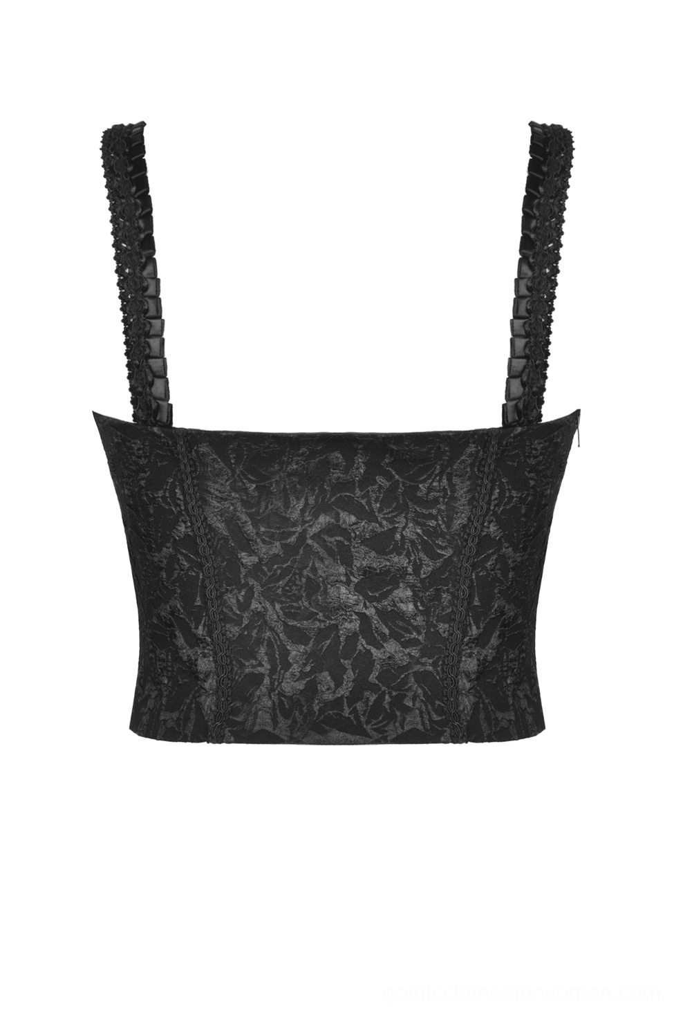 Black gothic corset flat lay back view showing solid lace panel and adjustable ruffled strap construction