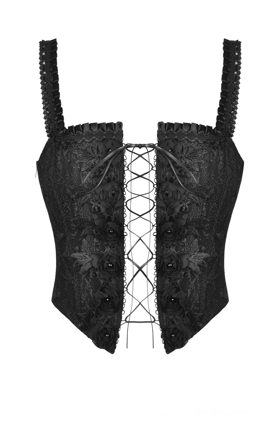 Black gothic corset flat lay front view displaying lace-up closure, floral lace pattern, and detailed bead appliqués