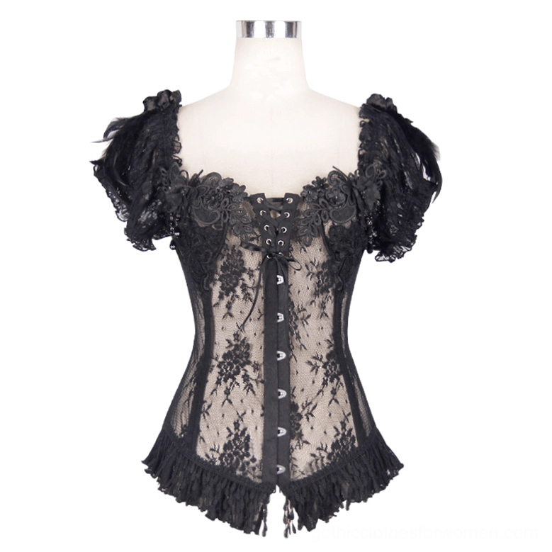 Black sheer gothic corset flat lay on dress form, front view displaying lace-up closure and floral lace appliqué details