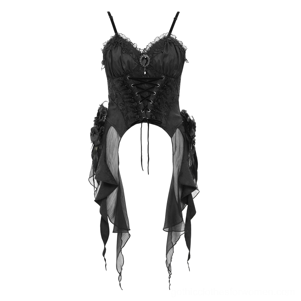 Front flat lay of black gothic corset with front lace-up closure and asymmetrical sheer drape hem