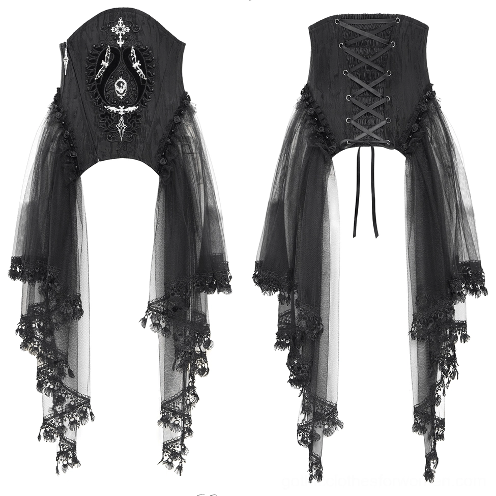 Flat product shot of black gothic underbust corset with lace-up back and tulle trim displayed on studio background