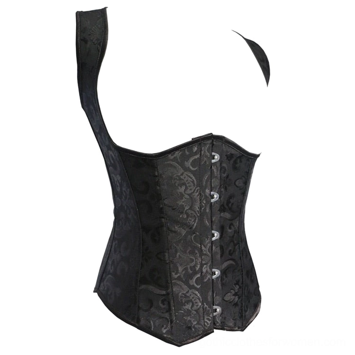 Black gothic corset flat lay display showing overall silhouette and floral jacquard fabric texture detail
