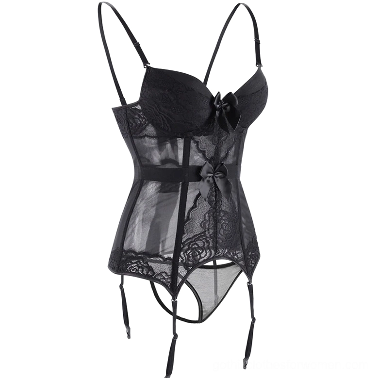Black gothic corset bustier with padded underwire cups and floral lace details, flat lay front view