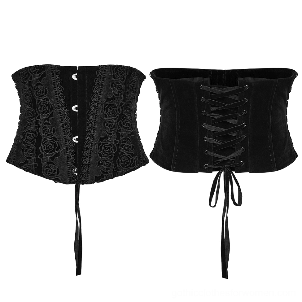 Black gothic corset flat lay front and back display showing rose lace trim, hook closures, and lace-up back design