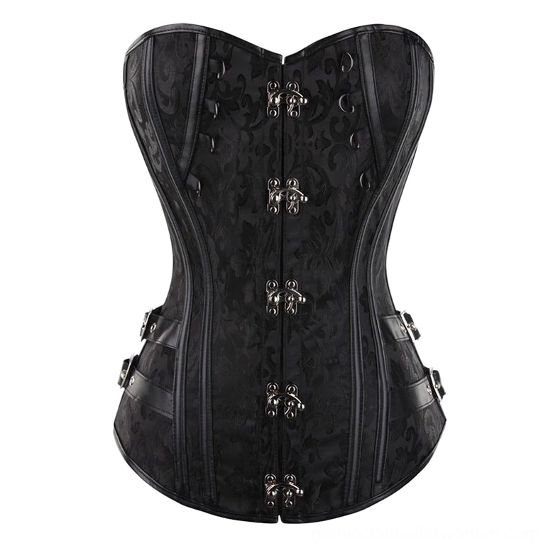 Black gothic corset close-up detail showing double row metal claw fasteners and adjustment buckles