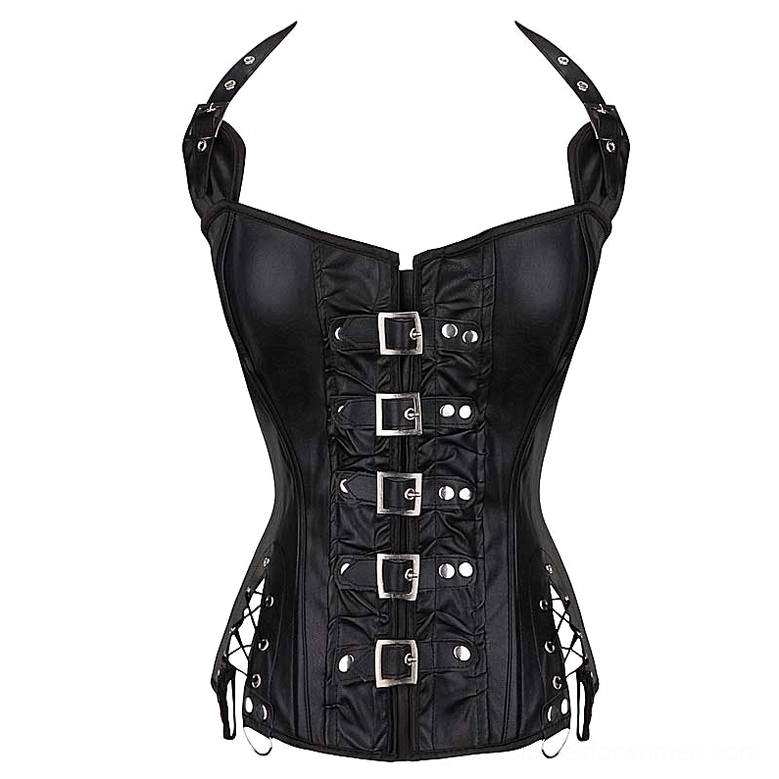 Black gothic corset top front view flat lay, displaying faux leather material, square metal buckles, eyelet side lace-up system, and structural design