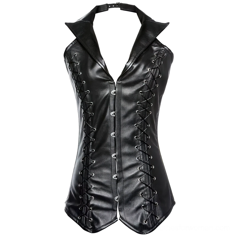Black steel-boned halter corset flat lay front view showing lapel collar and front lace-up design detail