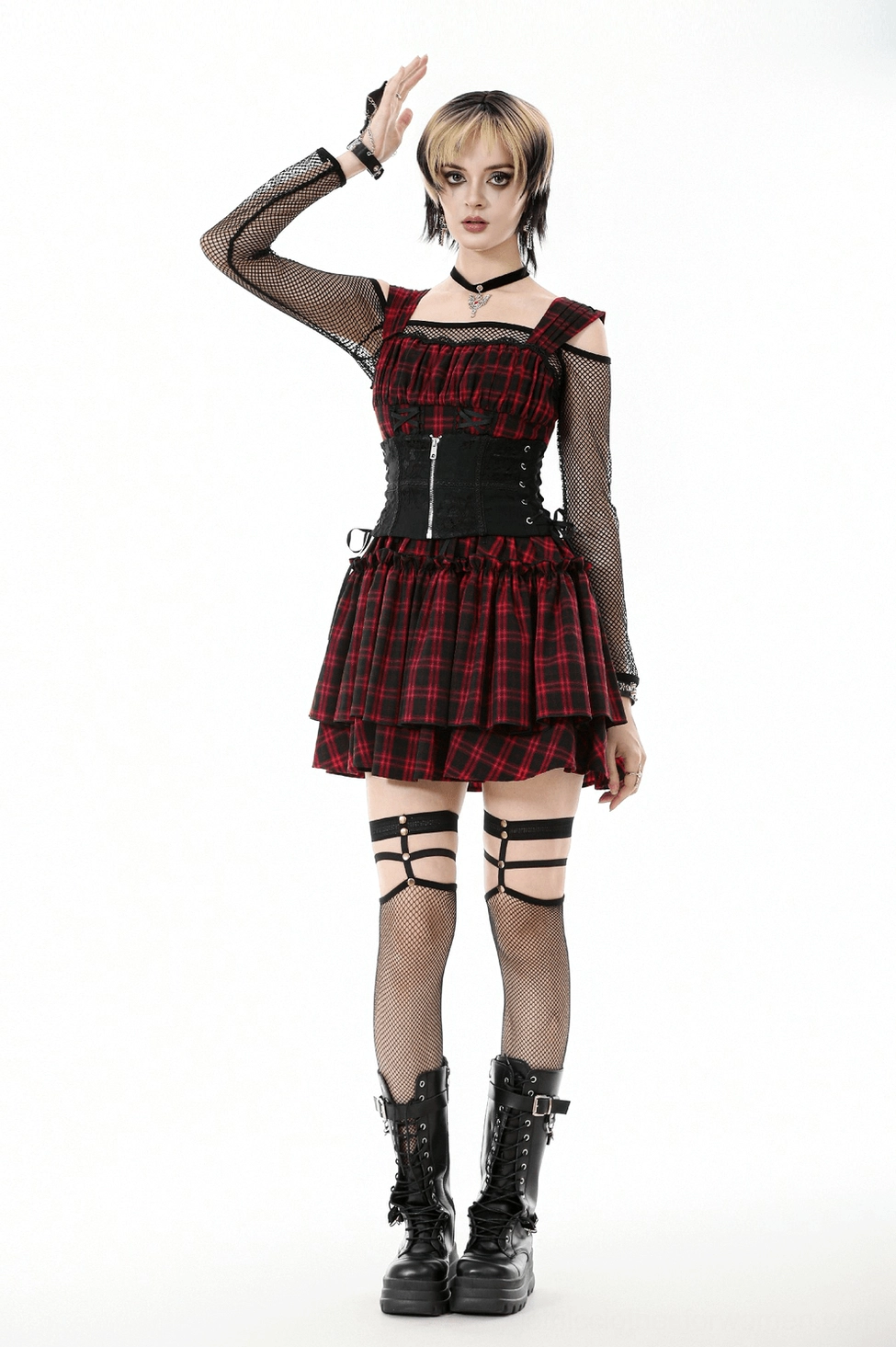 Black gothic waist corset product view showing full lace-up ribbon and zipper design