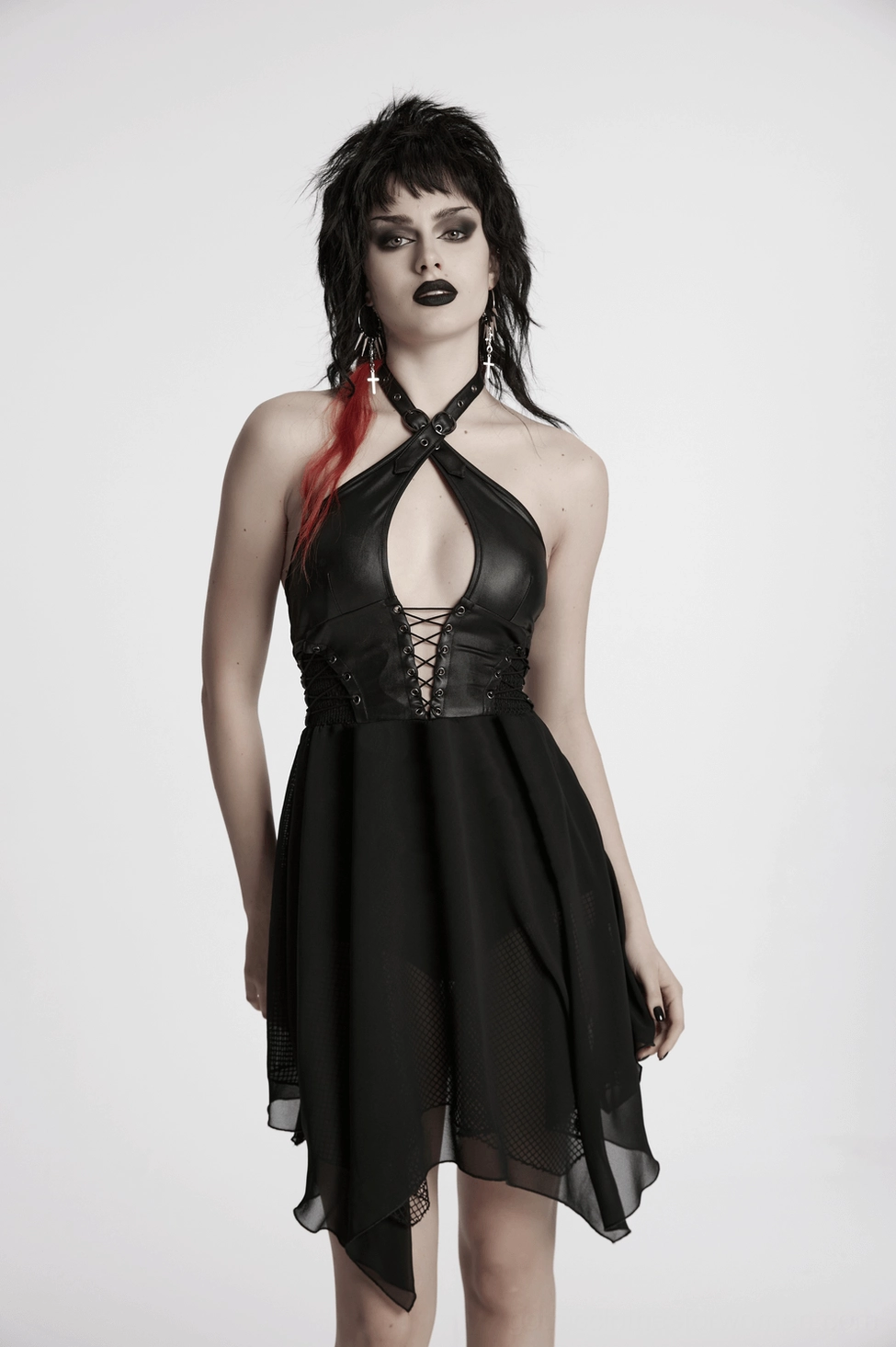 Black gothic corset halter dress front view with cross neckline design and dramatic faux leather bodice construction
