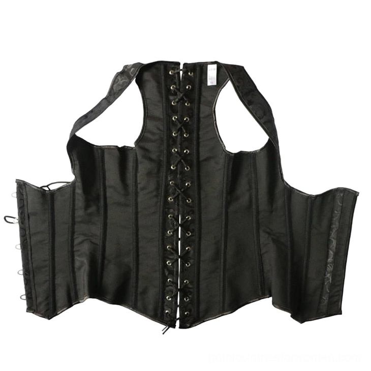 Black gothic corset back view flat lay, showing dual row hook closures and center back lace-up detail on matte fabric