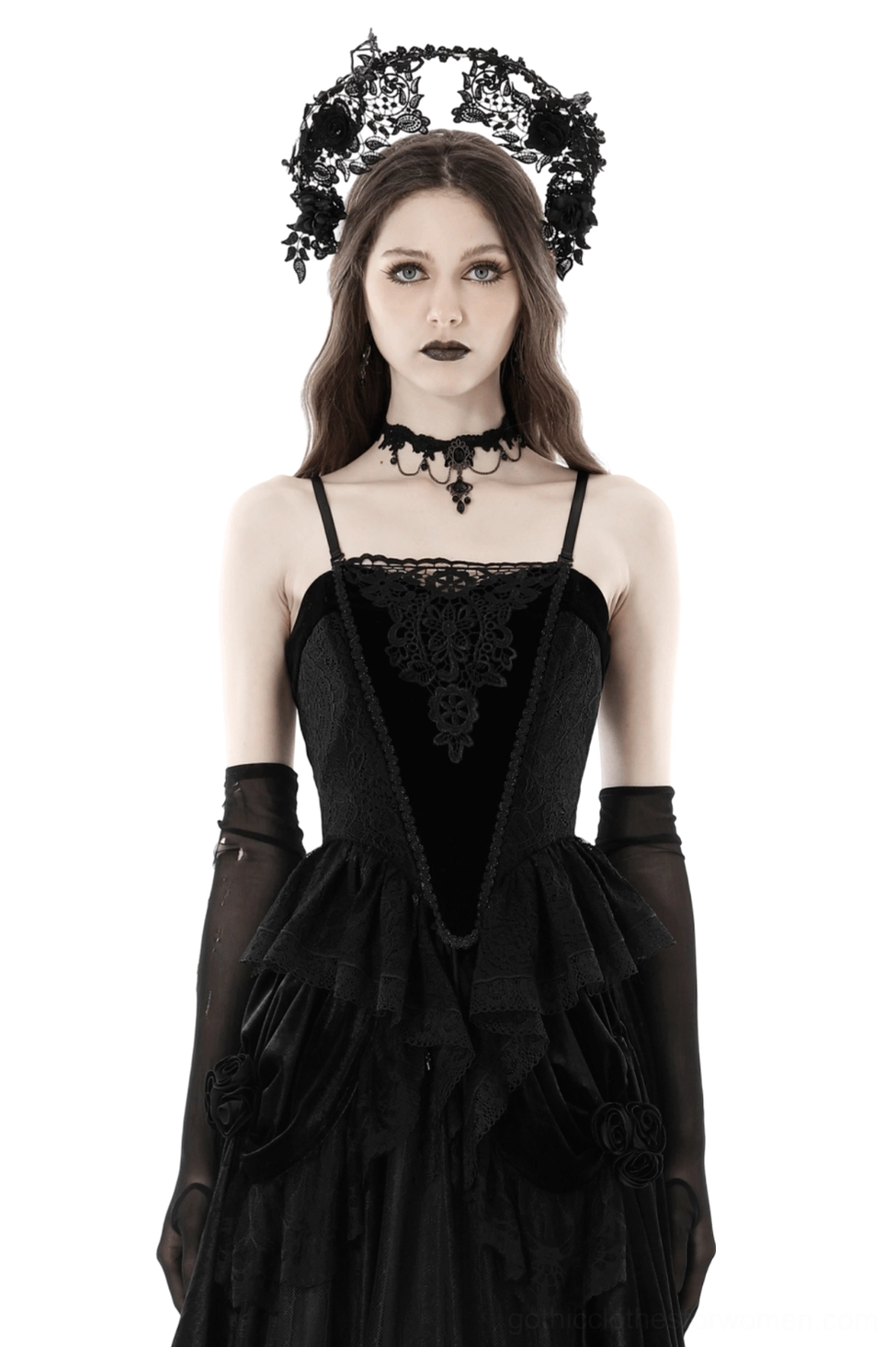 Black velvet lace gothic corset top with floral embroidery front full body view