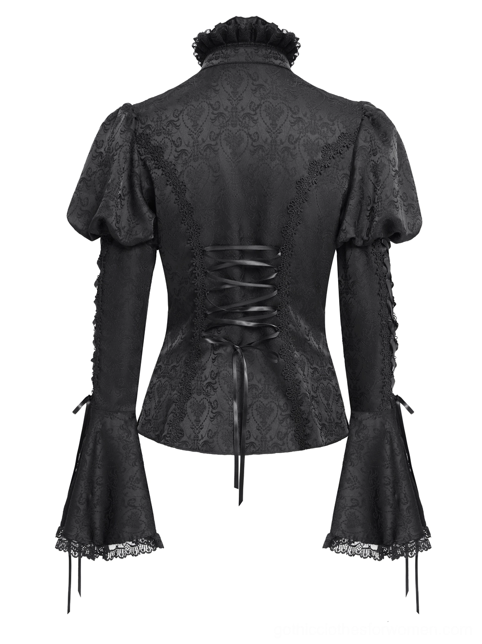 Back Flat Lay of Black Gothic Lace-Up Blouse - Corset Lacing and Puff Sleeve Details