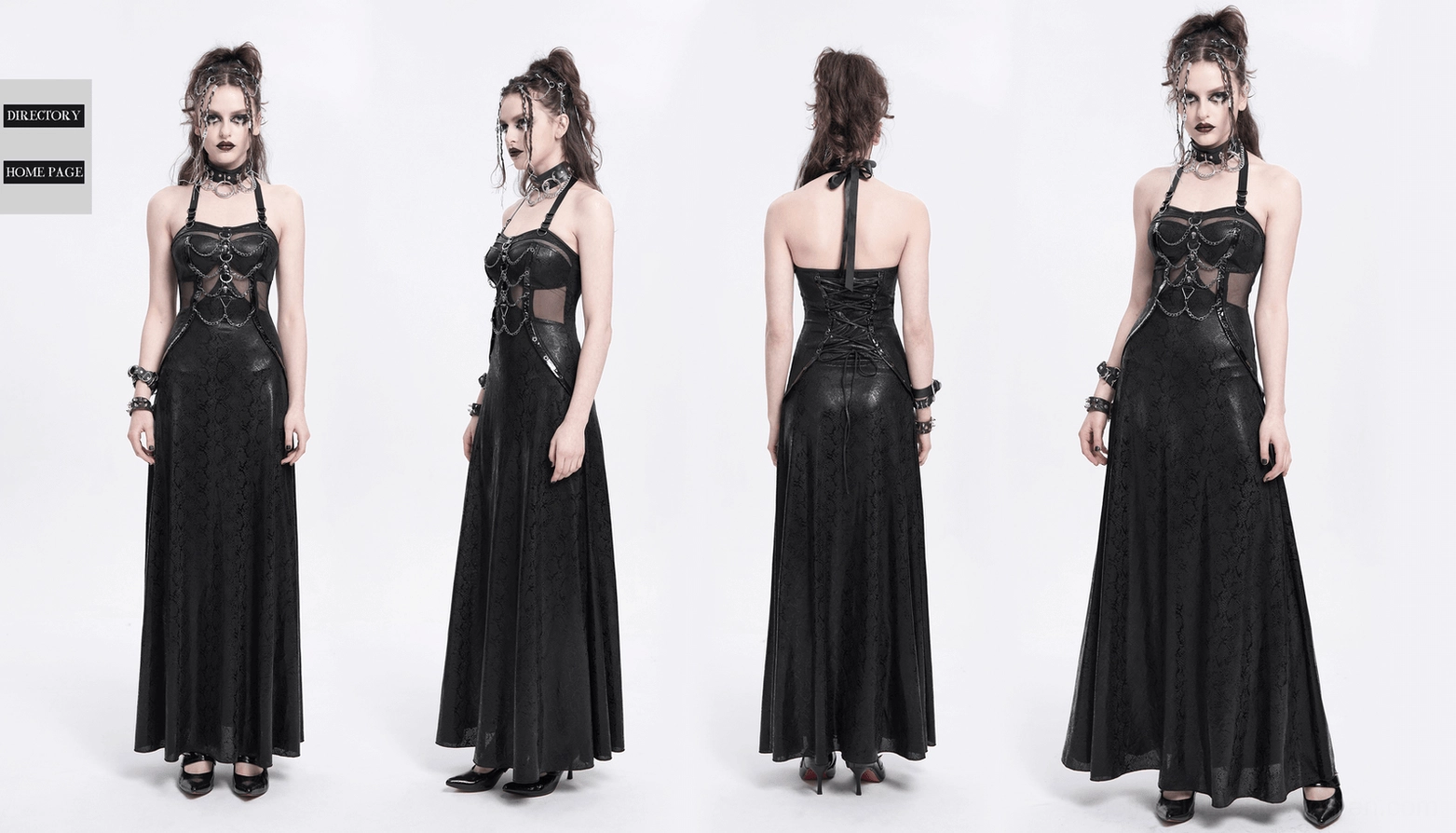 Black gothic corset lace-up maxi dress complete product view with all signature design features displayed
