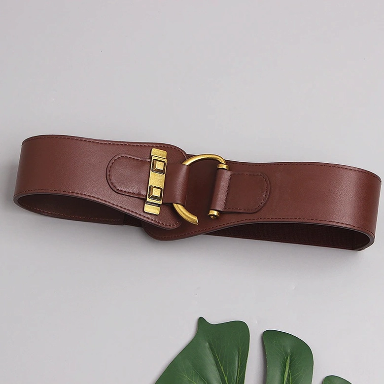 Black gothic corset leather belt full product view with antique gold D-ring hardware