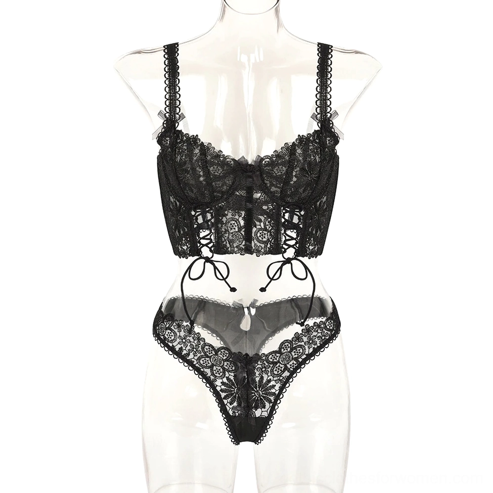 Black gothic corset lingerie set on mannequin front view with underwire and matching thong