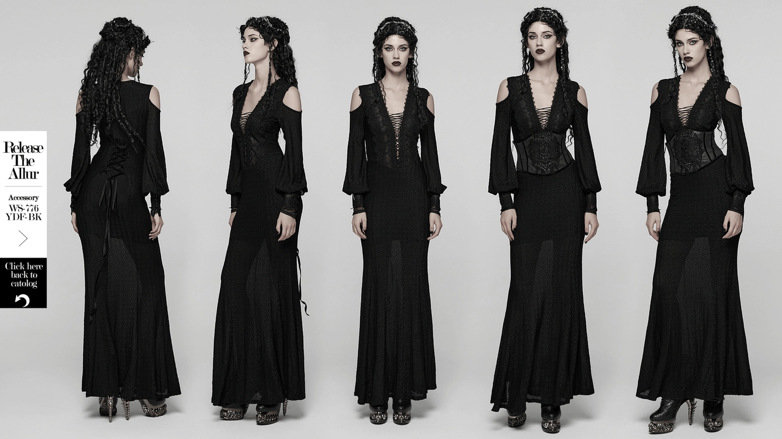 Black gothic cold shoulder lace mesh maxi dress with corset and lantern sleeves - product overview