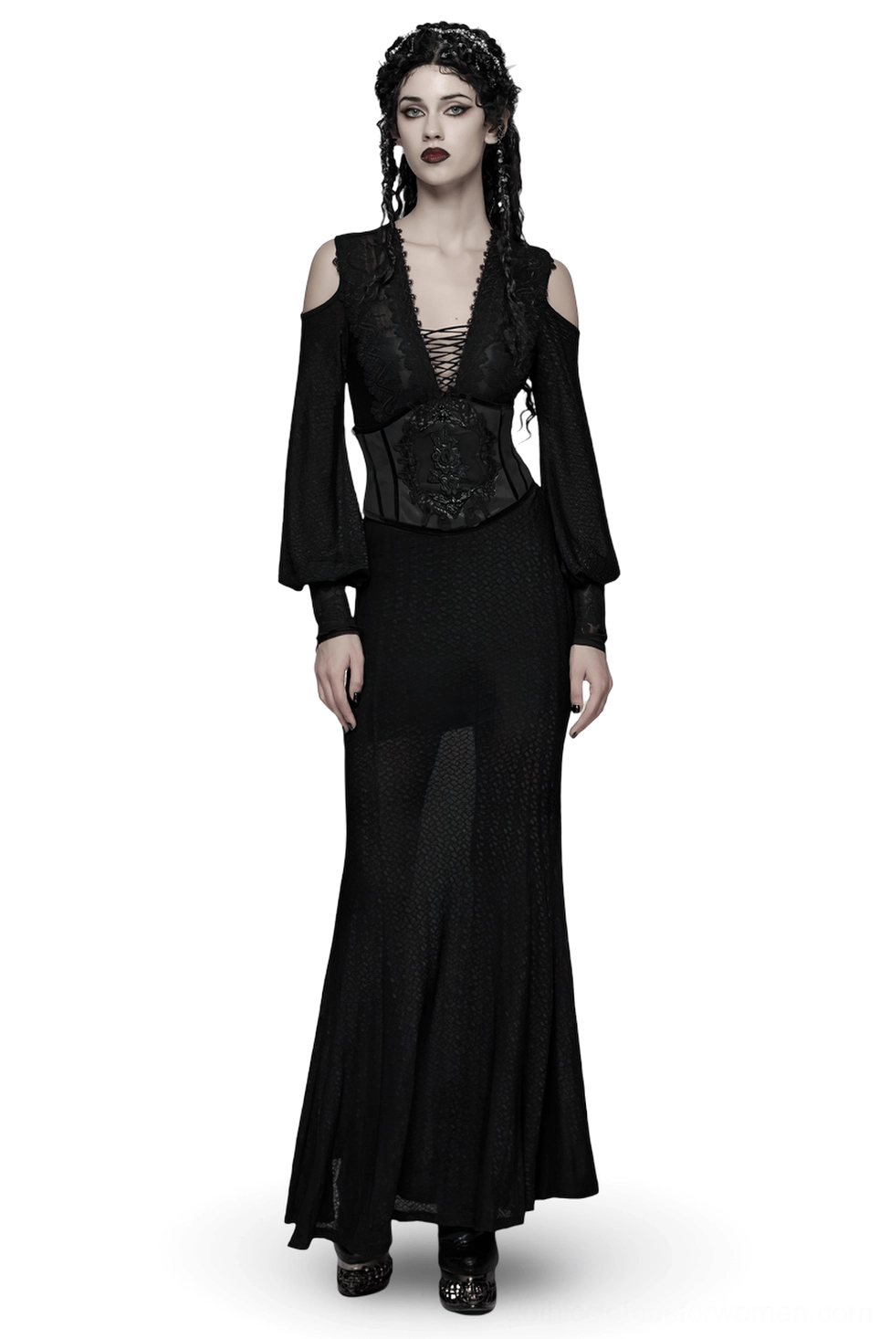 Black gothic cold shoulder lace corset maxi dress with lantern sleeves - front view on model