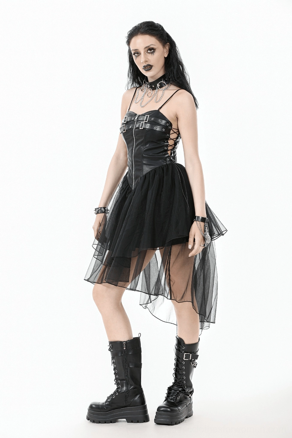 Black gothic corset mesh dress styling angle showing overall aesthetic and movement of mesh layers