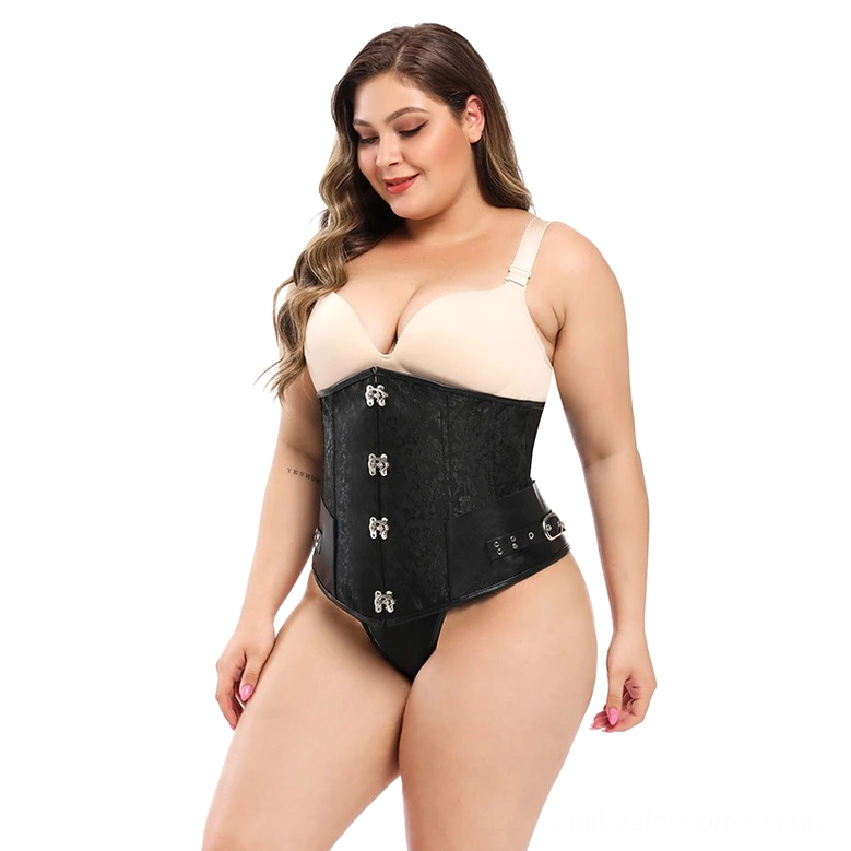 Black gothic underbust corset with metal clasps and faux leather accents - front view on plus-size model