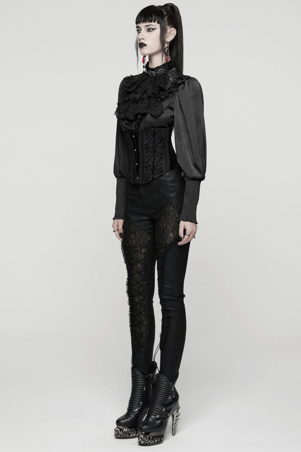 Black gothic corset with premium velvet construction showing metal hook closures, rose lace detail, and structured boning support