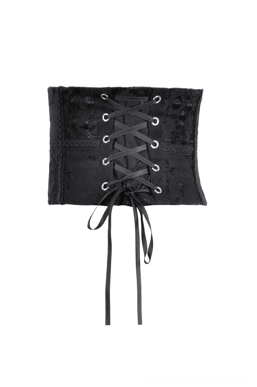 Black gothic corset belt front close-up showing embroidered lace and metal eyelets