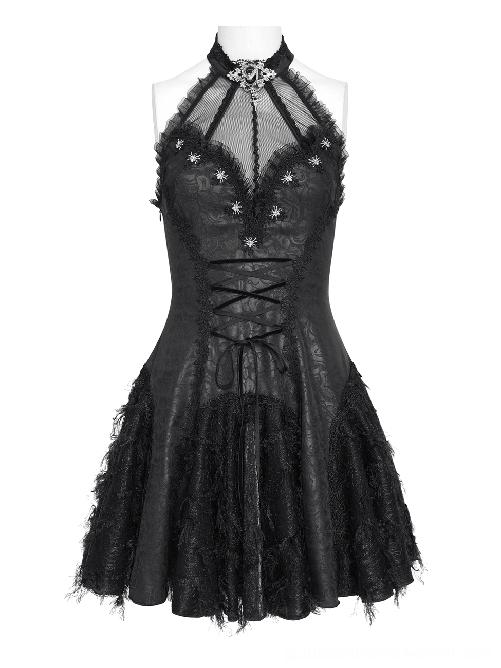 Black gothic mini dress with corset lace-up front and frayed lace skirt hem on mannequin