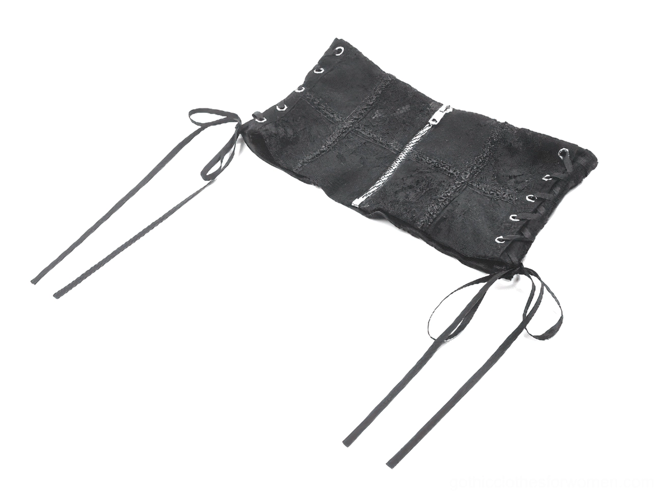 Black gothic corset belt oblique angle showing dual lace-up straps and central metal zipper