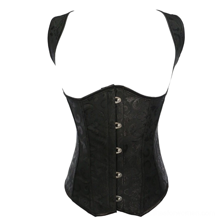 Black gothic corset flat lay product shot front view, showing front hook fasteners and structured boning construction