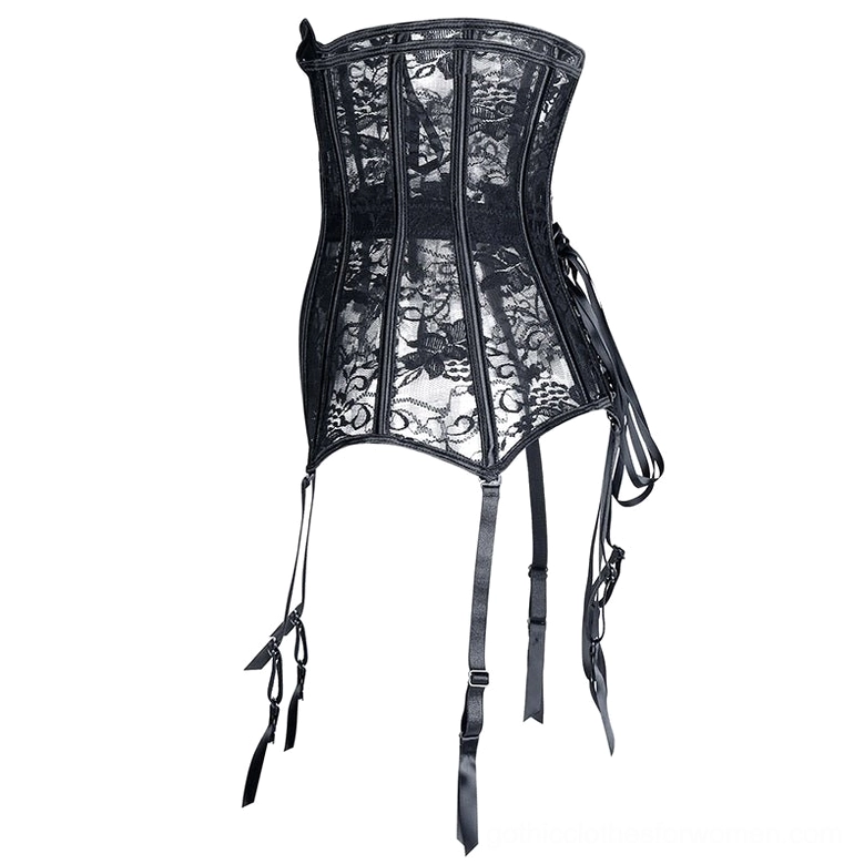 Side view of black gothic lace corset with side lace-up detail and satin garter attachment