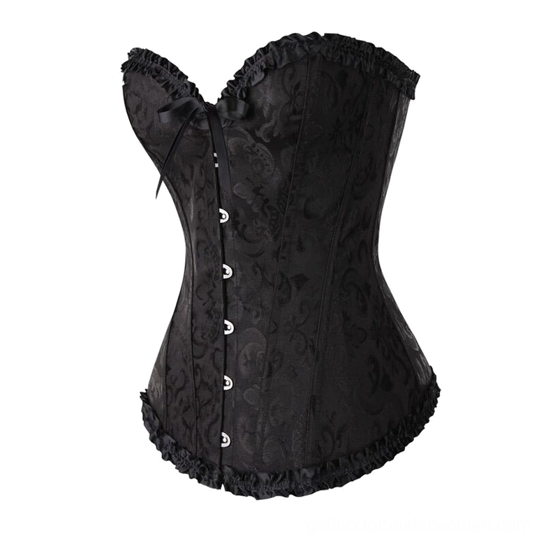 Black gothic corset side profile view lace-up back design ruffled hem
