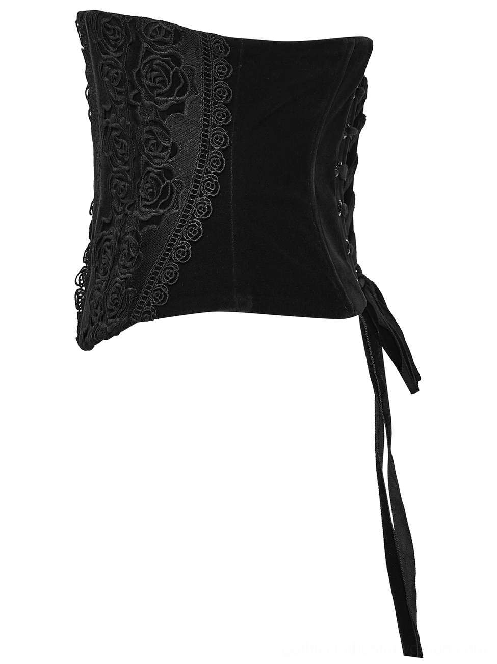 Black gothic corset side view flat lay showing solid velvet fabric, rose lace side detail, and adjustable tie strap