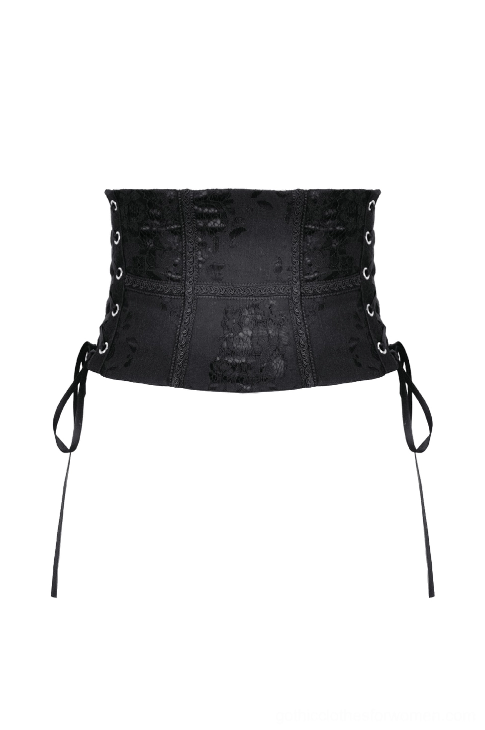 Black gothic waist corset side view showing jacquard fabric texture and ribbon straps