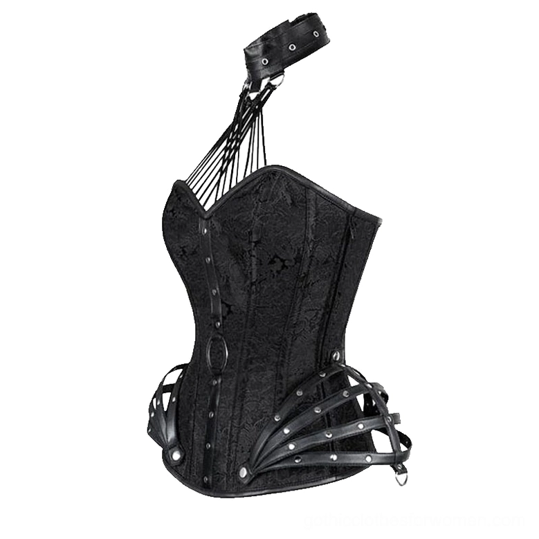 Black single-shoulder gothic corset with lattice halter and riveted leather cage accent, three-quarter right view