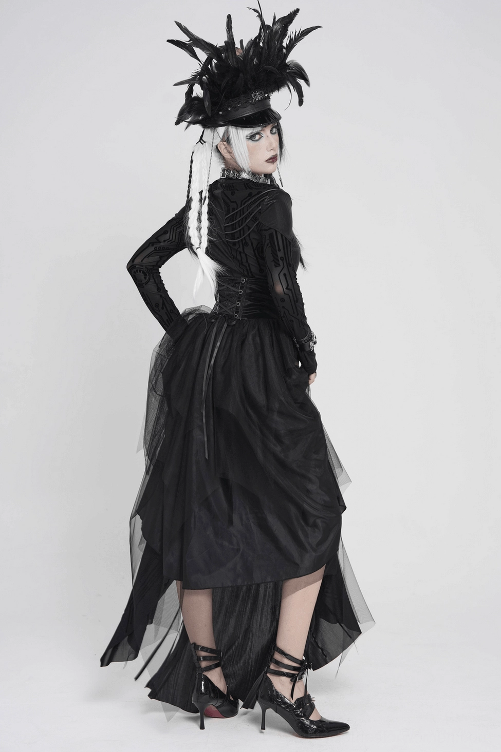 Black gothic corset maxi skirt full outfit view on model styled with alternative accessories