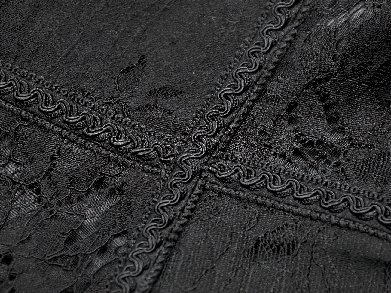 Black gothic corset belt product shot emphasizing structured silhouette and lace patterns